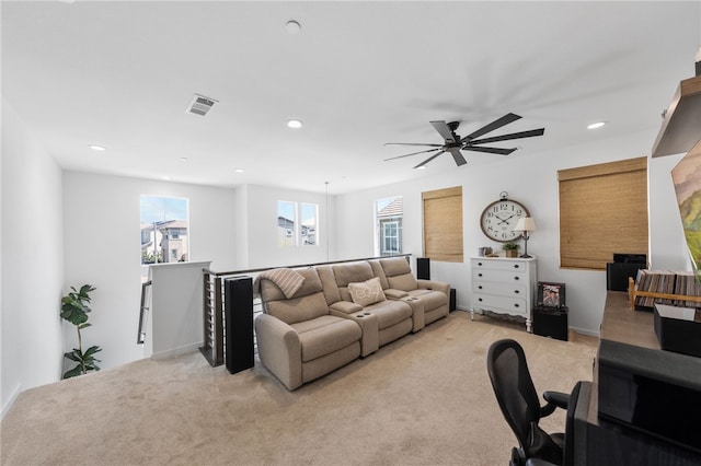 32325 Hillstone St, Temecula, CA 92591 - living area with light colored carpet, recessed lighting, and a ceiling fan