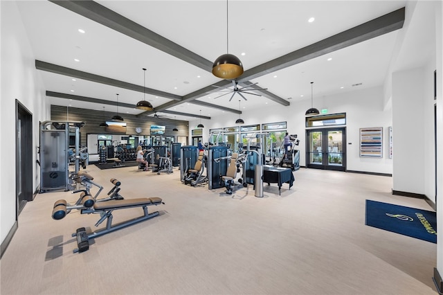 32325 Hillstone St, Temecula, CA 92591 - gym featuring beamed ceiling, carpet flooring, recessed lighting, french doors, and baseboards