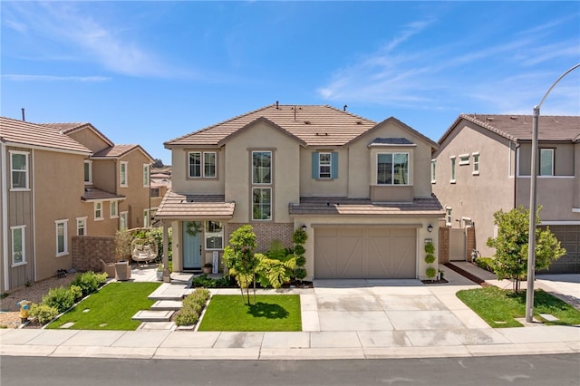 32325 Hillstone St, Temecula, CA 92591 - view of front facade featuring stucco siding, a garage, driveway, a tile roof, and a front lawn