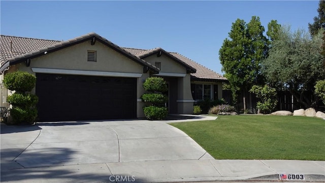 6003 Bluewater Bay Ct, Bakersfield, CA 93312 - ranch-style house featuring an attached garage, stucco siding, driveway, a front lawn, and a tile roof