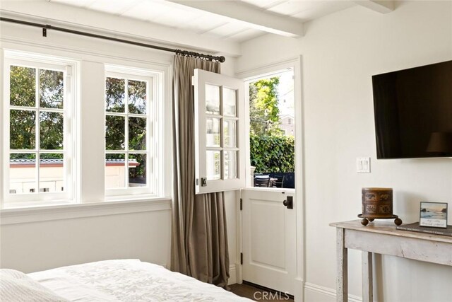 326 Ruby St, Laguna Beach, CA 92651 - bedroom featuring multiple windows and beamed ceiling