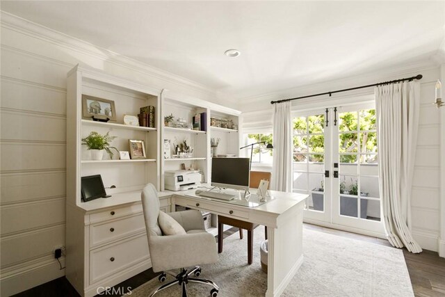 326 Ruby St, Laguna Beach, CA 92651 - office featuring crown molding, french doors, and wood finished floors