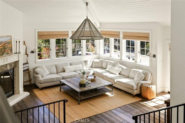 326 Ruby St, Laguna Beach, CA 92651 - living room featuring wood finished floors, a glass covered fireplace, and wood ceiling with exposed beams