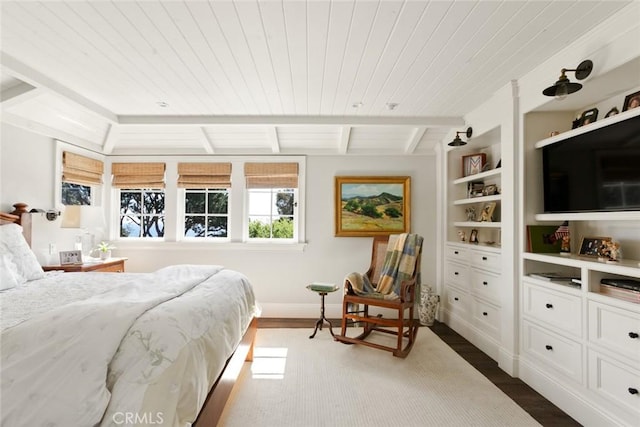 326 Ruby St, Laguna Beach, CA 92651 - bedroom featuring dark wood-style flooring, wooden ceiling with exposed beams, and baseboards