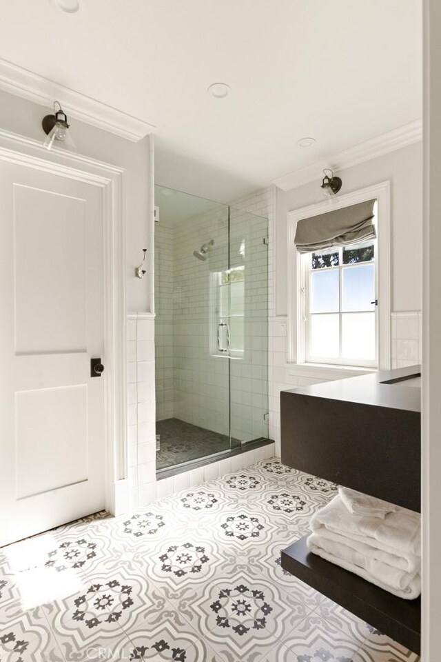 326 Ruby St, Laguna Beach, CA 92651 - full bathroom with a shower stall, ornamental molding, and tile patterned floors