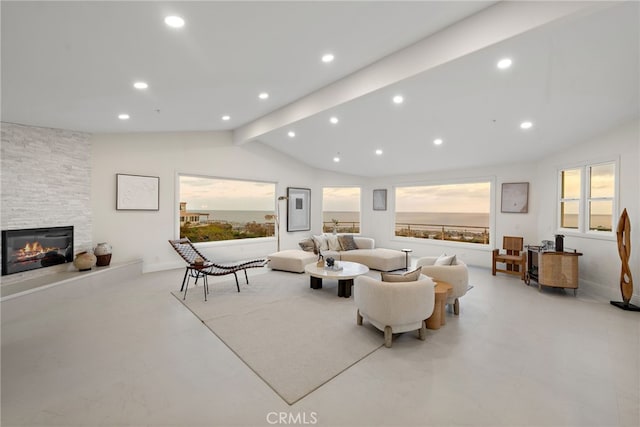 857 Avenida Acapulco, San Clemente, CA 92672 - living room with a stone fireplace, recessed lighting, finished concrete floors, and baseboards