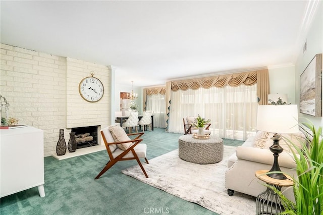 16292 Wishingwell, Huntington Beach, CA 92647 - carpeted living room featuring a brick fireplace, brick wall, ornamental molding, and a chandelier