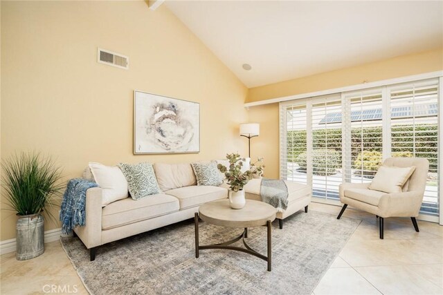16292 Wishingwell, Huntington Beach, CA 92647 - tiled living area featuring high vaulted ceiling, beamed ceiling, and baseboards