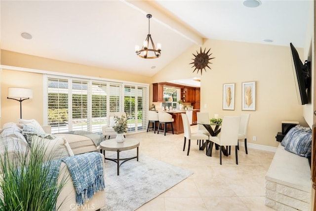 16292 Wishingwell, Huntington Beach, CA 92647 - living room with a chandelier, beamed ceiling, high vaulted ceiling, and light tile patterned flooring