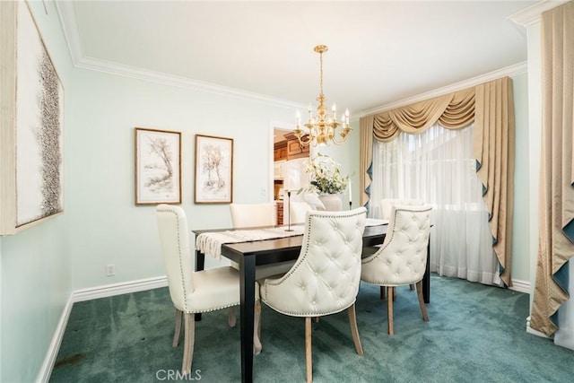16292 Wishingwell, Huntington Beach, CA 92647 - dining room featuring a chandelier, ornamental molding, carpet floors, and baseboards