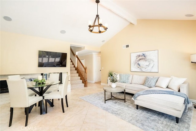 16292 Wishingwell, Huntington Beach, CA 92647 - living area featuring a chandelier, stairway, beam ceiling, high vaulted ceiling, and baseboards