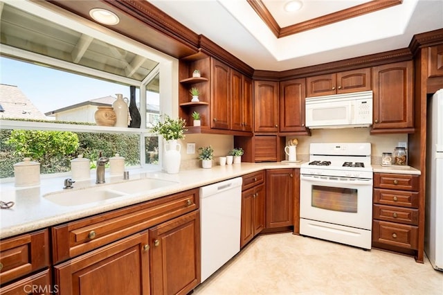 16292 Wishingwell, Huntington Beach, CA 92647 - kitchen featuring white appliances, a sink, light countertops, open shelves, and a raised ceiling