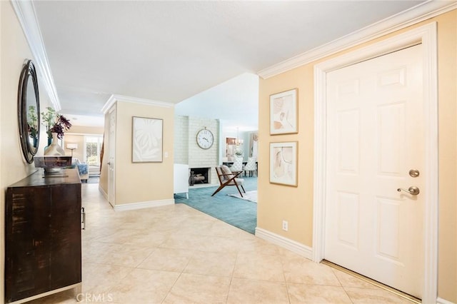16292 Wishingwell, Huntington Beach, CA 92647 - entrance foyer featuring baseboards, light tile patterned flooring, a fireplace, ornamental molding, and light carpet