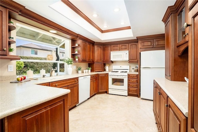 16292 Wishingwell, Huntington Beach, CA 92647 - kitchen featuring white appliances, open shelves, a sink, a tray ceiling, and light countertops
