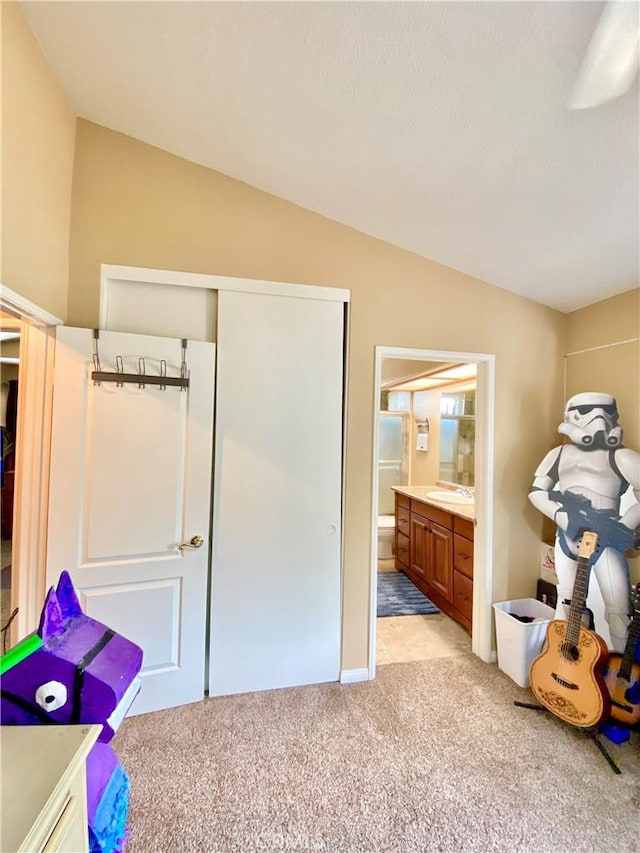 5218 Rocky Mountain Pl, Rancho Cucamonga, CA 91737 - rec room featuring light carpet and vaulted ceiling