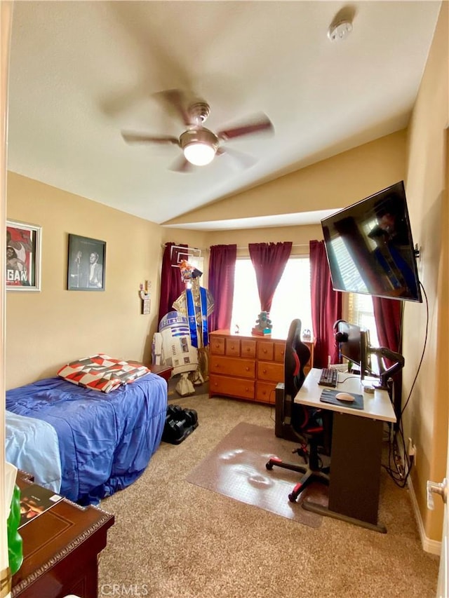 5218 Rocky Mountain Pl, Rancho Cucamonga, CA 91737 - carpeted bedroom featuring lofted ceiling, a desk, and ceiling fan