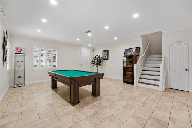 858 Via Barquero, San Marcos, CA 92069 - recreation room featuring crown molding, recessed lighting, billiards, baseboards, and light tile patterned floors