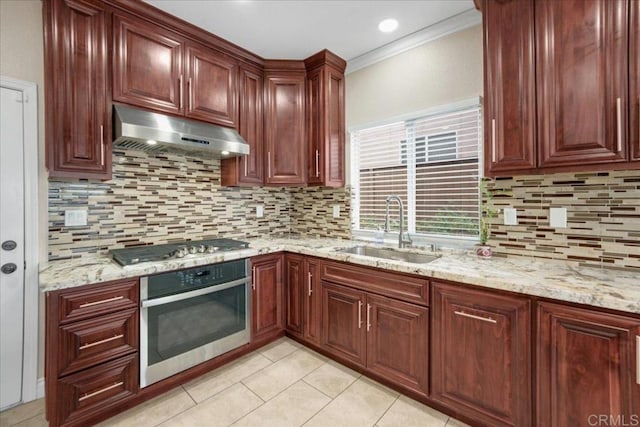 858 Via Barquero, San Marcos, CA 92069 - kitchen with stainless steel appliances, exhaust hood, a sink, ornamental molding, and backsplash