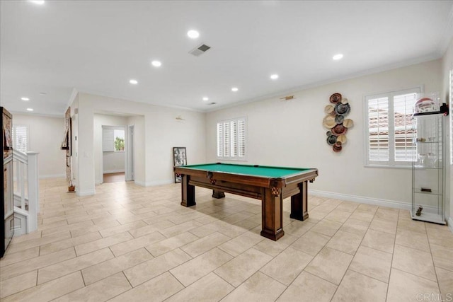858 Via Barquero, San Marcos, CA 92069 - playroom featuring crown molding, billiards table, recessed lighting, baseboards, and light tile patterned flooring