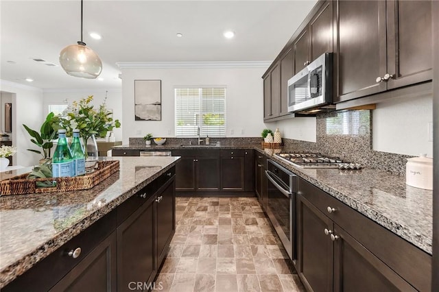 15975 Osprey Ave, Chino, CA 91708 - kitchen with appliances with stainless steel finishes, a sink, healthy amount of natural light, dark stone counters, and ornamental molding