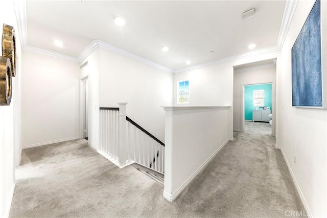 15975 Osprey Ave, Chino, CA 91708 - corridor featuring an upstairs landing, carpet floors, recessed lighting, baseboards, and ornamental molding