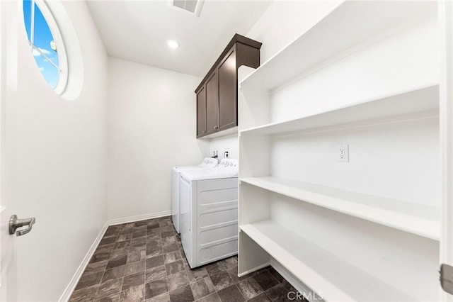 15975 Osprey Ave, Chino, CA 91708 - laundry room featuring independent washer and dryer, cabinet space, baseboards, stone finish flooring, and recessed lighting