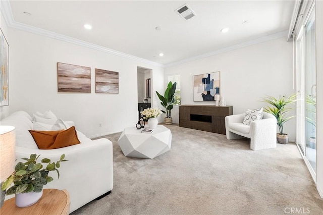 15975 Osprey Ave, Chino, CA 91708 - carpeted living room featuring ornamental molding, recessed lighting, and healthy amount of natural light