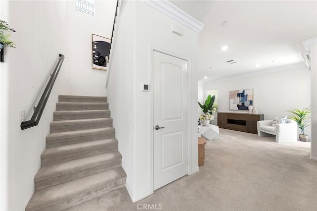 15975 Osprey Ave, Chino, CA 91708 - stairs with ornamental molding, carpet flooring, and recessed lighting