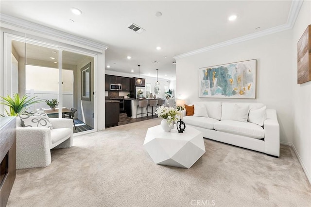 15975 Osprey Ave, Chino, CA 91708 - living area featuring light carpet, ornamental molding, recessed lighting, and baseboards