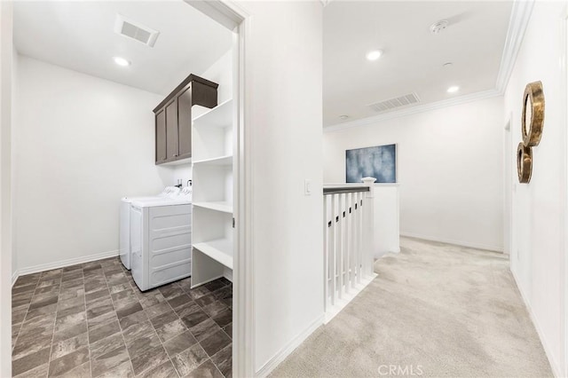 15975 Osprey Ave, Chino, CA 91708 - hall with an upstairs landing, ornamental molding, baseboards, recessed lighting, and washer and clothes dryer