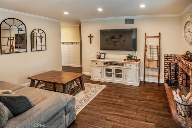 7680 Jadeite Ave, Rancho Cucamonga, CA 91730 - living room with dark wood-style flooring, ornamental molding, baseboards, and recessed lighting
