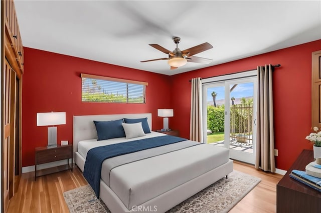 2886 Mcallister St, Riverside, CA 92503 - bedroom with access to outside, light wood finished floors, a ceiling fan, and baseboards