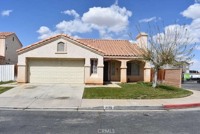 2125 Bramble Ln, Palmdale, CA 93550 - mediterranean / spanish-style house with a tile roof, an attached garage, driveway, stucco siding, and a chimney