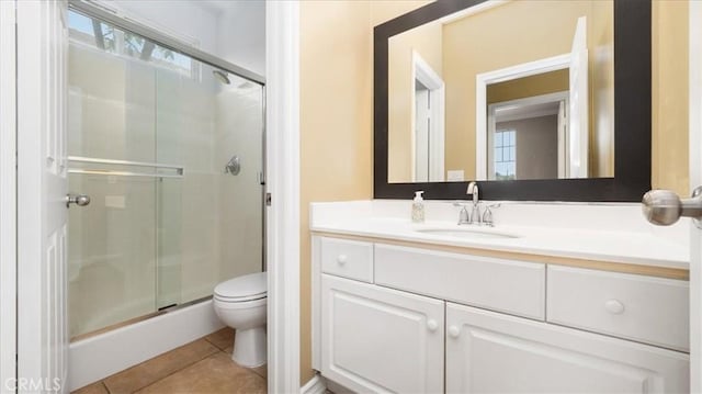 25030 Crimson Lasso Dr, Wildomar, CA 92595 - bathroom featuring toilet, a shower stall, vanity, and tile patterned floors