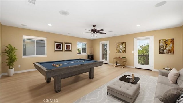 25030 Crimson Lasso Dr, Wildomar, CA 92595 - rec room featuring billiards, light wood-style flooring, baseboards, recessed lighting, and ceiling fan
