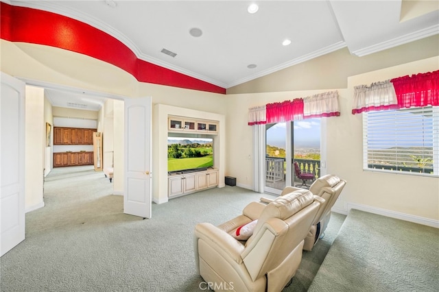 37626 Via Majorca, Murrieta, CA 92562 - living area with carpet floors, lofted ceiling, ornamental molding, baseboards, and recessed lighting