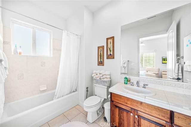 37626 Via Majorca, Murrieta, CA 92562 - bathroom featuring toilet, vanity, shower / bathtub combination with curtain, and tile patterned floors