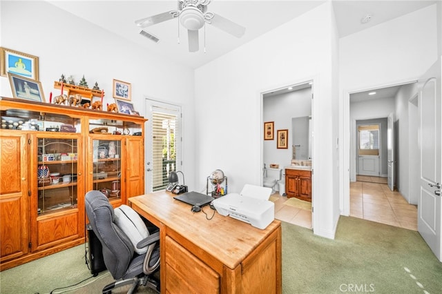 37626 Via Majorca, Murrieta, CA 92562 - office with light carpet, healthy amount of natural light, ceiling fan, and light tile patterned flooring
