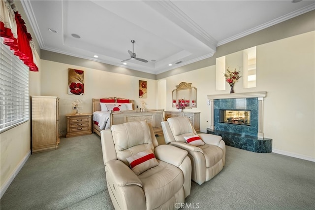 37626 Via Majorca, Murrieta, CA 92562 - carpeted bedroom with baseboards, crown molding, a premium fireplace, a ceiling fan, and recessed lighting