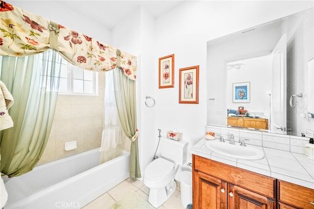 37626 Via Majorca, Murrieta, CA 92562 - bathroom with vanity, shower / bathtub combination with curtain, toilet, and tile patterned floors
