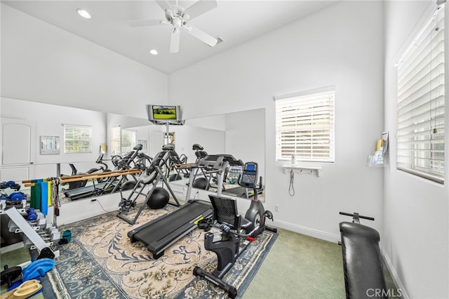 37626 Via Majorca, Murrieta, CA 92562 - exercise room with ceiling fan, baseboards, carpet floors, recessed lighting, and a high ceiling