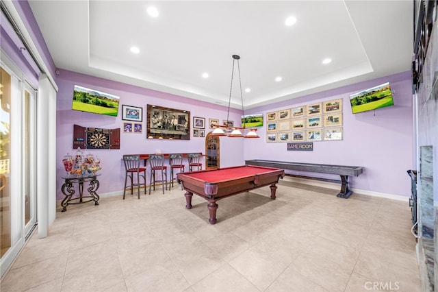 37626 Via Majorca, Murrieta, CA 92562 - playroom featuring a raised ceiling, billiards table, recessed lighting, a dry bar, and baseboards