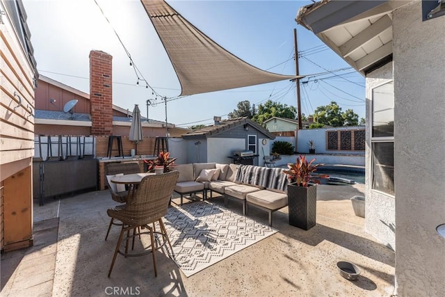 1459 Clock Ave, Redlands, CA 92374 - fenced backyard with a patio area, an outdoor structure, an outdoor living space, and grilling area