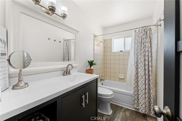 1459 Clock Ave, Redlands, CA 92374 - full bathroom with vanity, toilet, shower / bathtub combination with curtain, and wood finished floors