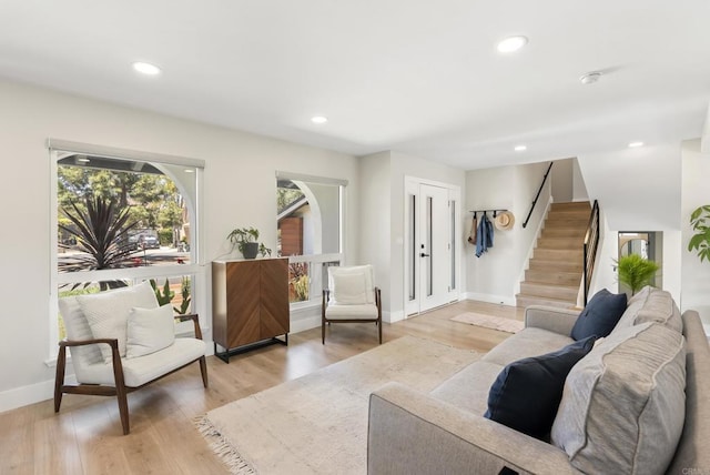 6153 Baltimore Dr, La Mesa, CA 91942 - living room with stairs, recessed lighting, baseboards, and light wood-type flooring