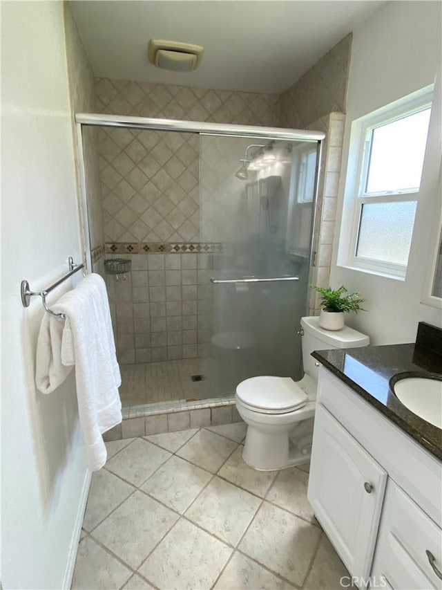 619 Center St, El Segundo, CA 90245 - bathroom featuring vanity, a stall shower, toilet, and tile patterned floors