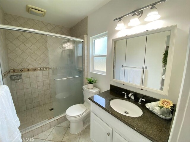 619 Center St, El Segundo, CA 90245 - bathroom featuring toilet, vanity, a shower stall, and tile patterned floors