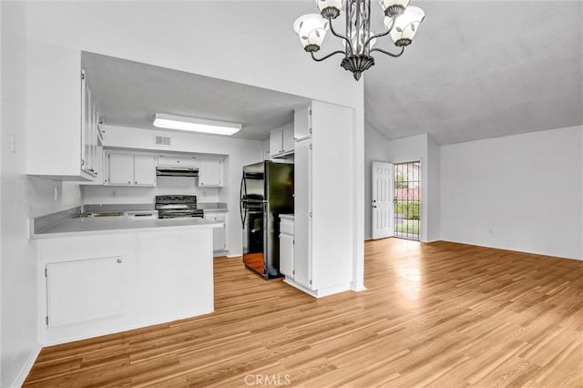 7040 Tenbury Ct, San Diego, CA 92139 - kitchen with freestanding refrigerator, electric range, a sink, under cabinet range hood, and light wood-style floors