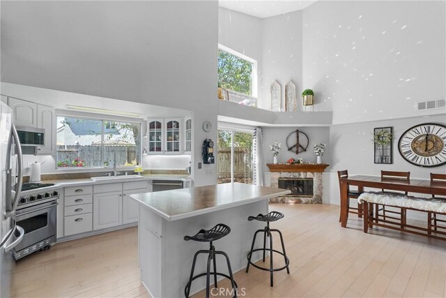 1337 Lloyd Pl, Lompoc, CA 93436 - kitchen featuring appliances with stainless steel finishes, a high ceiling, a sink, light wood-style floors, and a fireplace