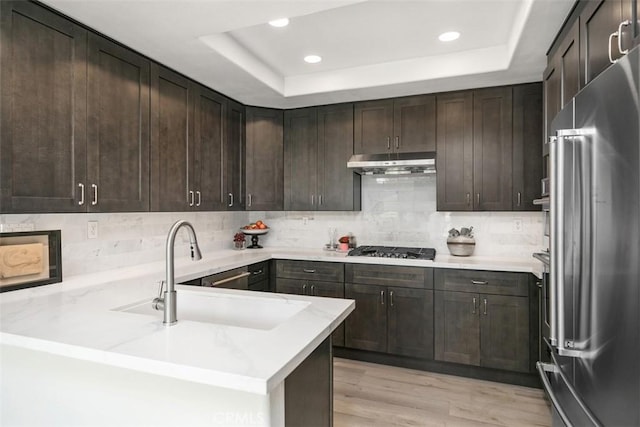 3510 Lilac Ave Unit 13, Corona Del Mar, CA 92625 - kitchen with appliances with stainless steel finishes, under cabinet range hood, a tray ceiling, dark brown cabinetry, and recessed lighting